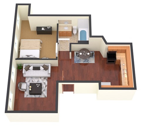 Floor plan for 1 bed, 1 bath, 506 sqft
